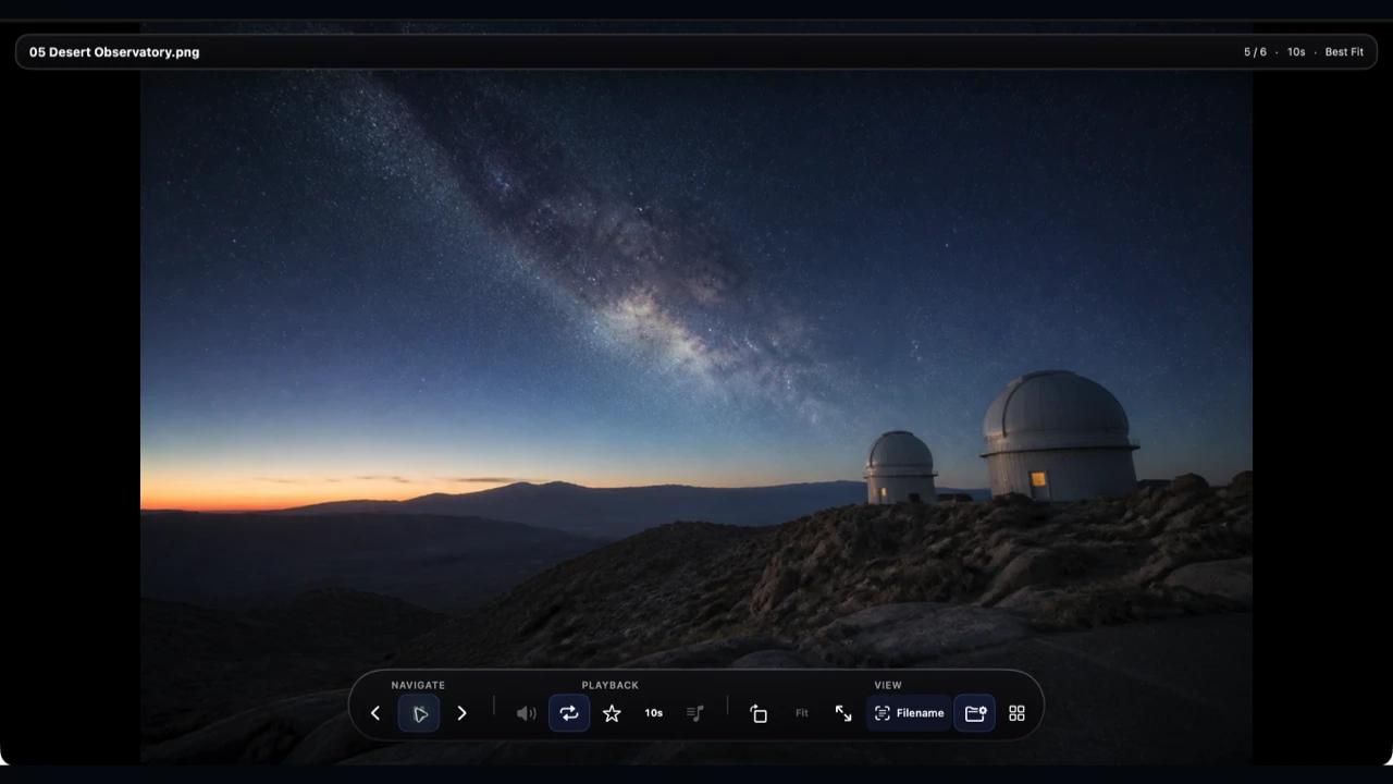 Real Vistaro viewer displaying a night sky image with autoplay active