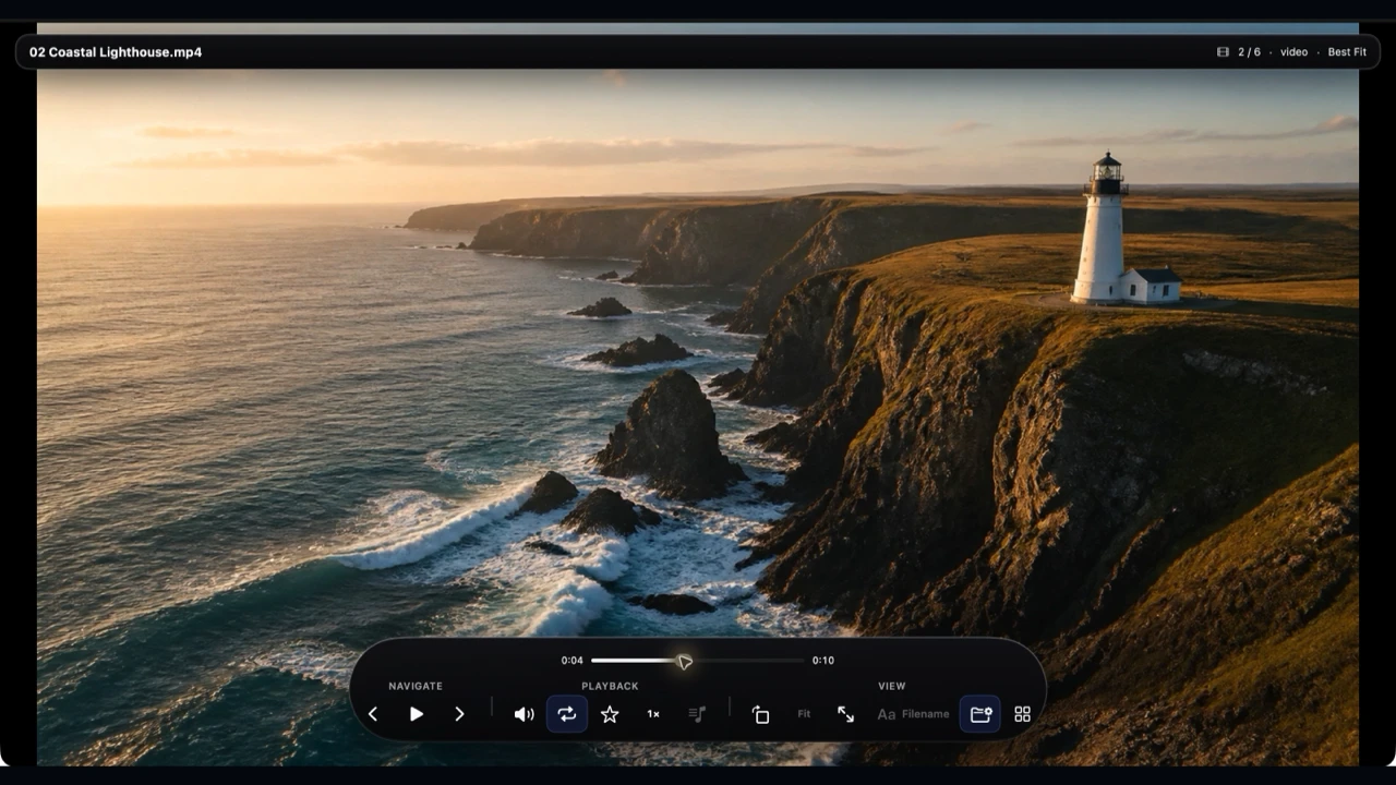 Real Vistaro video player showing a coastal clip and playback controls inside a folder session