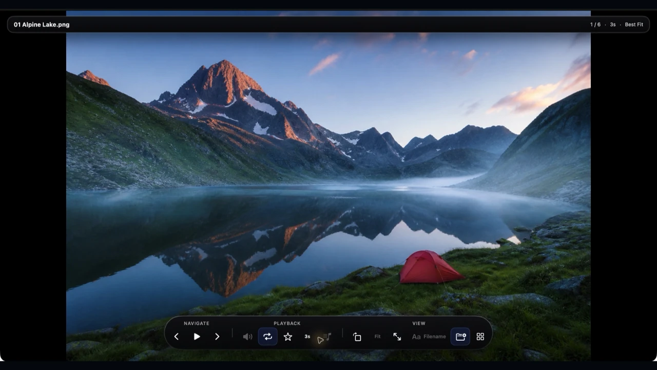 Real Vistaro viewer showing a mountain image from a Finder folder